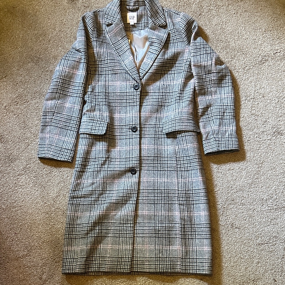 NWT GAP Women's Wool Blend Black, Gray and Pink Plaid Overcoat Sz XS